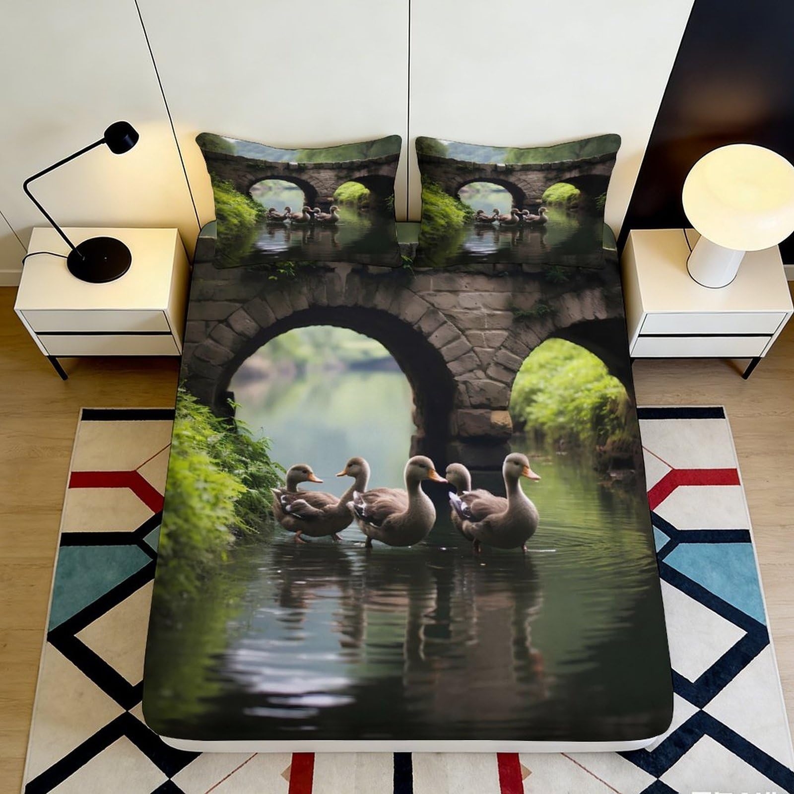 3D Printed Duck Pond Fitted Sheet Microfiber Soft Non-slip Bridge Arch Mattress Cover for Bedroom Dorm Decor 90x200x25cm