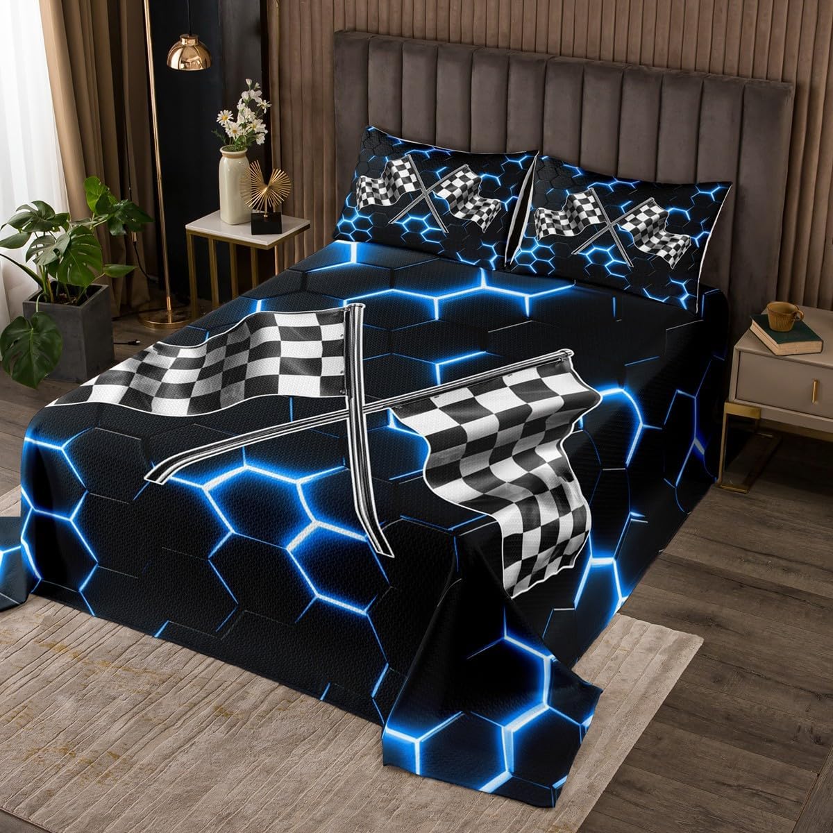 Race Car Gaming Bedding Set King Size for Kids Boys Glowing Honeycomb Bedspread 3pcs Black White Neon Blue Comforter Set Teens Fashion Sports Car Raceing Quilt Set with 2 Pillowcases