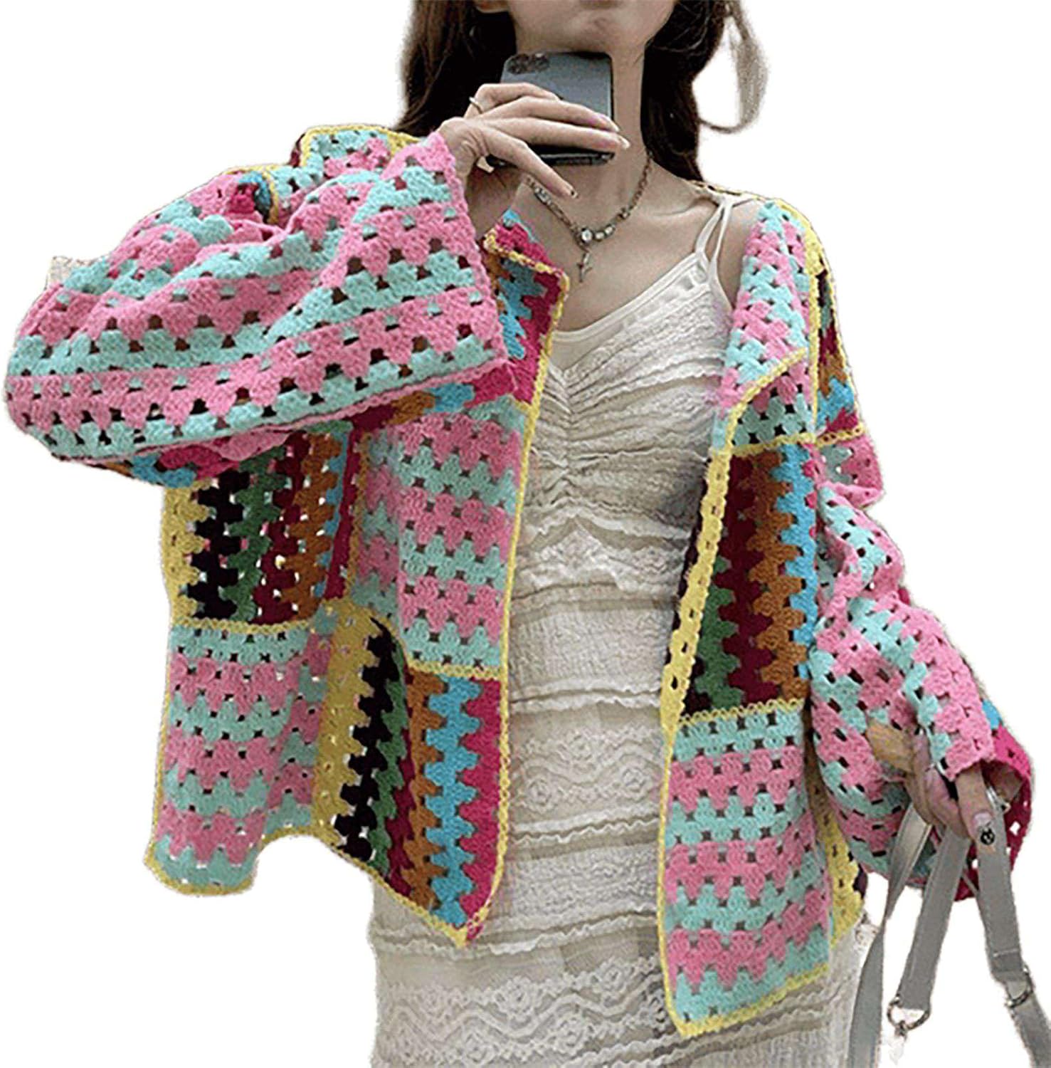 Women's Cute Casual Lightweight Cropped Tops Bohemian Crochet Cardigan Retro Colorful Handmade Openwork Sweater