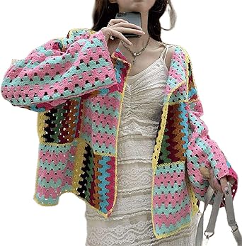 Womens Cute Casual Lightweight Cropped Tops Bohemian Crochet Cardigan Retro Colorful Handmade Openwork Sweater