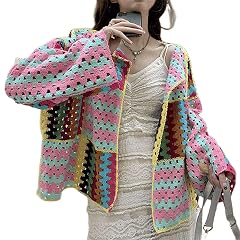 Womens Cute Casual Lightweight Cropped Tops Bohemian Crochet Cardigan Retro Colorful Handmade Openwork Sweater