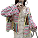 Women's Cute Casual Lightweight Cropped Tops Bohemian Crochet Cardigan Retro Colorful Handmade Openwork Sweater