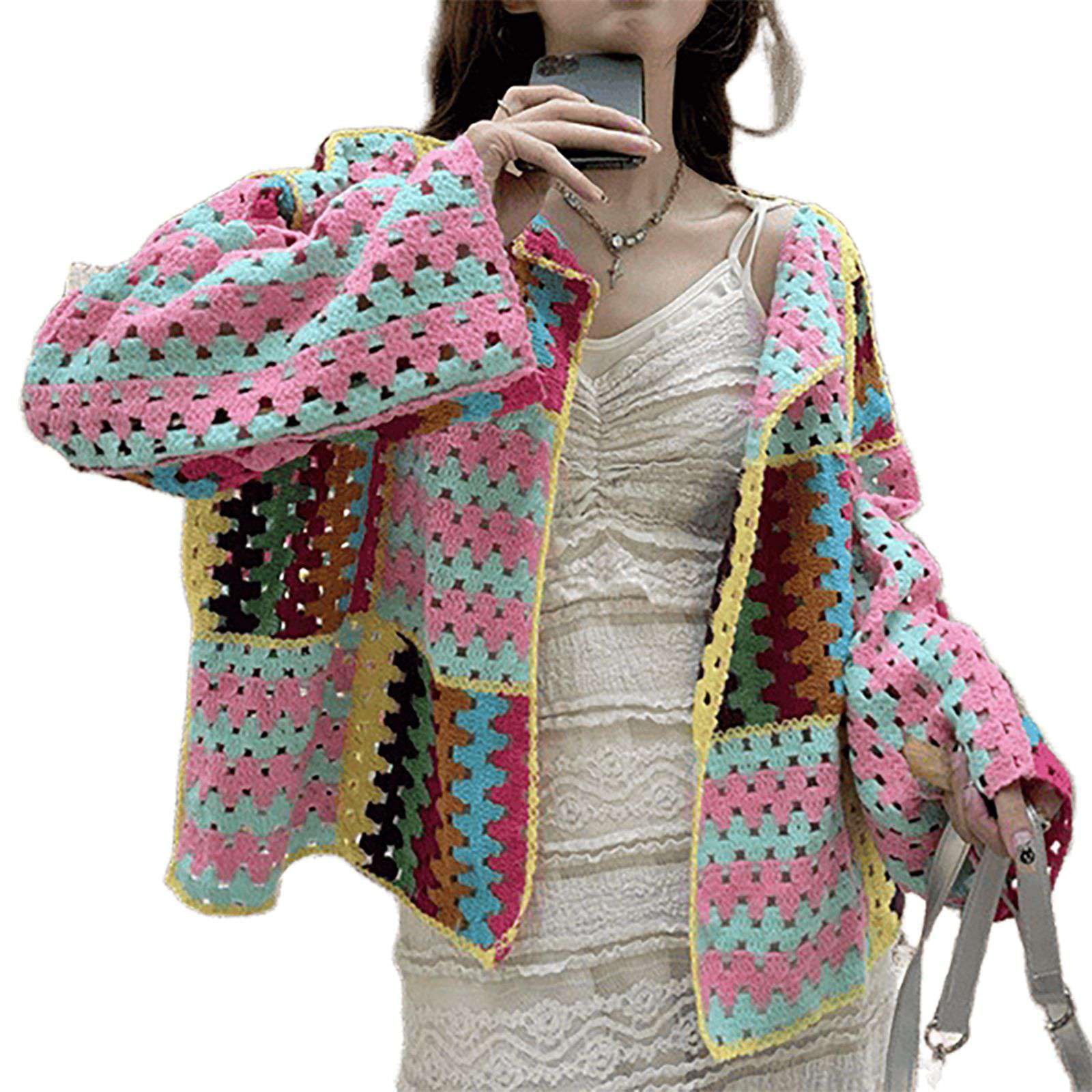 Womens Cute Casual Lightweight Cropped Tops Bohemian Crochet Cardigan Retro Colorful Handmade Openwork Sweater