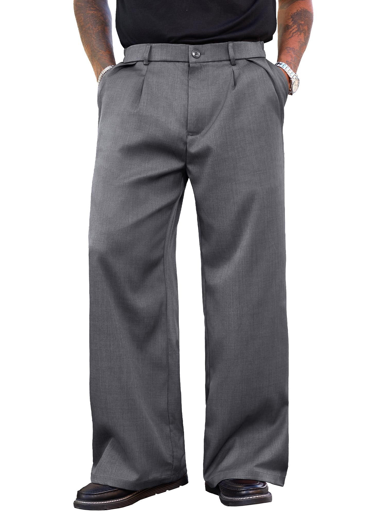 PLEPAN Mens Wide Leg Dress Pants Baggy Pleated Casual Trousers Relaxed Fit Elastic Waist Business Slacks