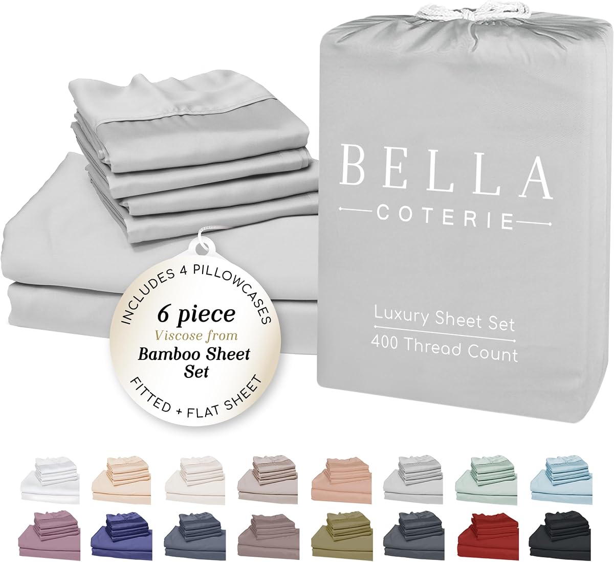 Bella Coterie 6 Piece Luxury Bamboo Viscose King Sheet Set | Organically Grown | Cooling | Ultra Soft & Breathable | 18" Deep Pocket w/ Corner Straps | 4 Pillowcases [Grey Mist]