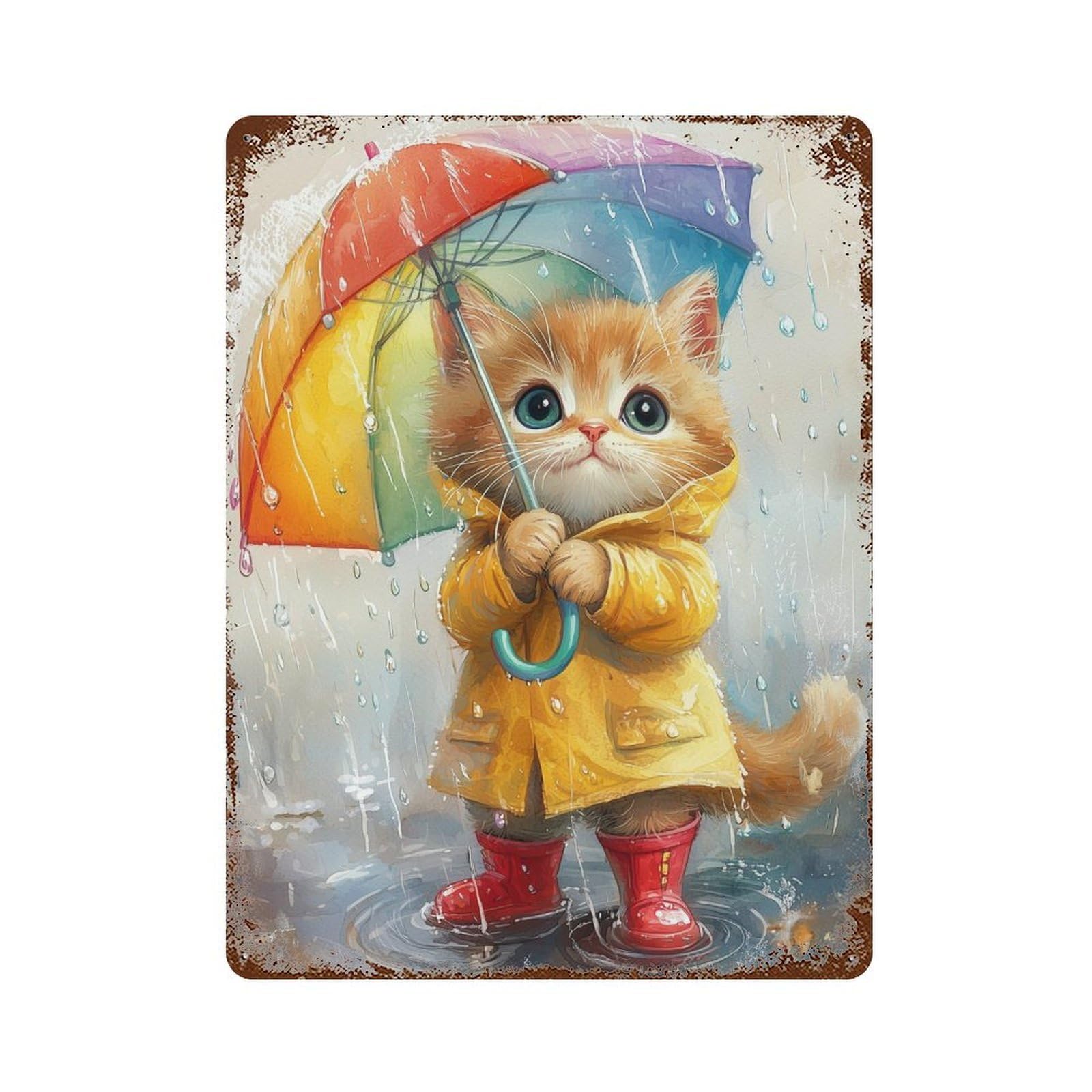 Rainy Day Kitten-14 Rust Effect Tin Sign 15.7"x11.8", Vintage Wall Decor for Bistro, Counter And Cafe Decor