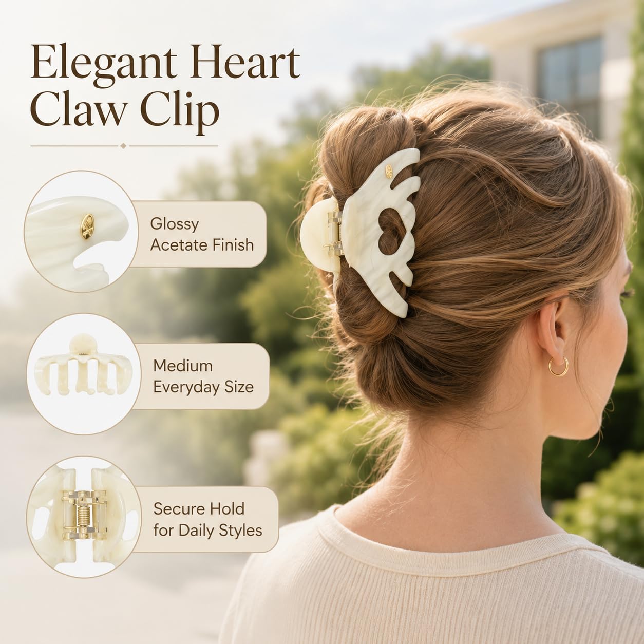 Premium Durable Acetate Heart shaped hollow design Hair Clips, 2 Pack, Medium Size Acetate Hair Claw Clips with Secure Hold,Perfect for Updos