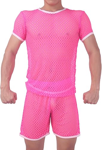 Mendove Mens Workout T-Shirts and Shorts Fishnet Muscle See Through Sexy Mesh Tees Top Set