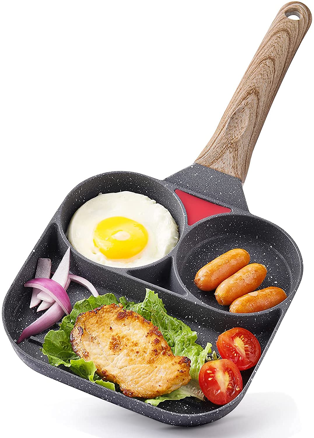 GT Egg Frying Pan 3 Cup Square Skillet Pan,3 Section Divided Skillet Square Egg Pan,Nonstick Egg Breakfast Pan for Burger and Bacon,Wooden Handle For Gas Stove & Induction Cooker,7 Inch
