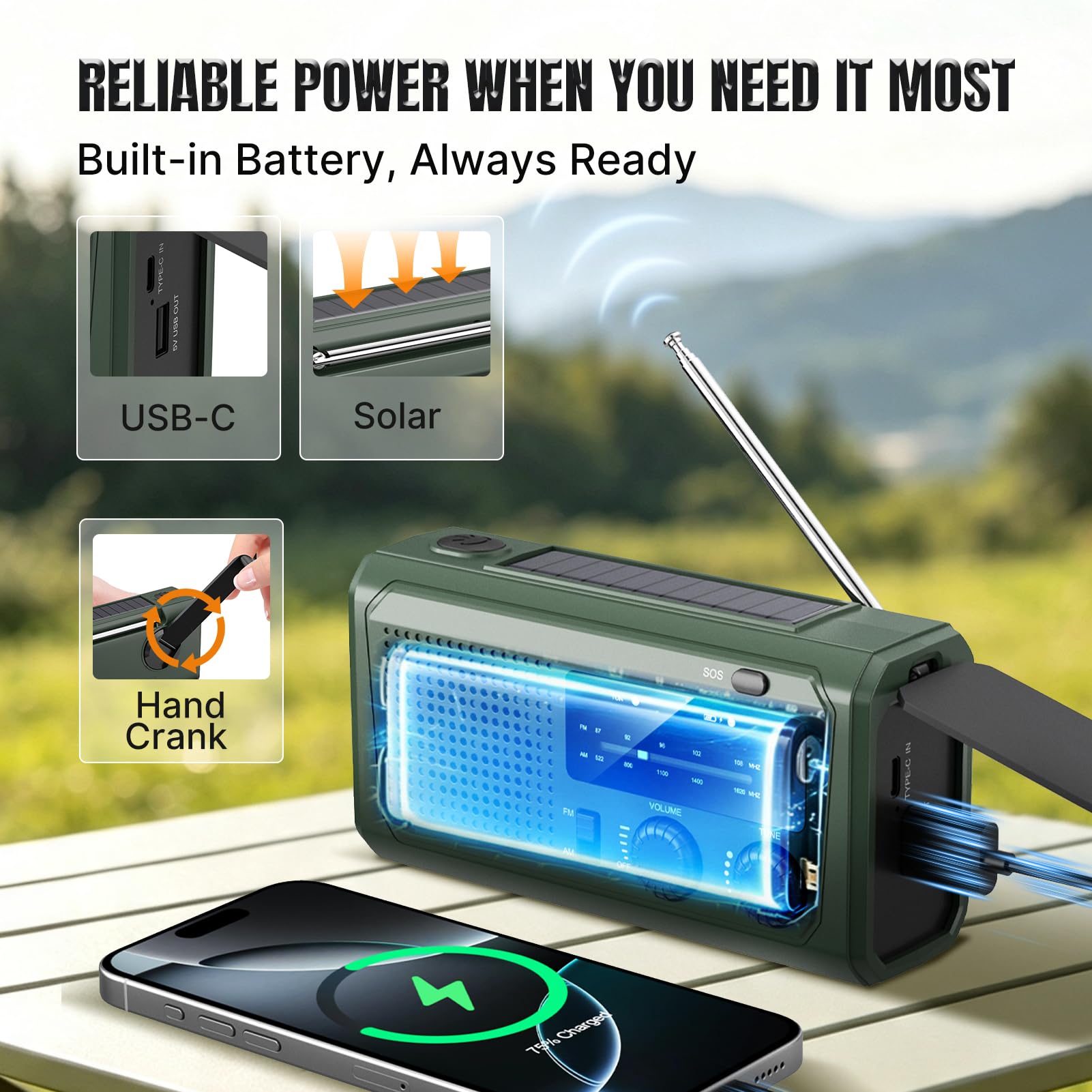 Radio a manovella 4000mAh con solare e dinamo, radio AM/FM d'emergenza