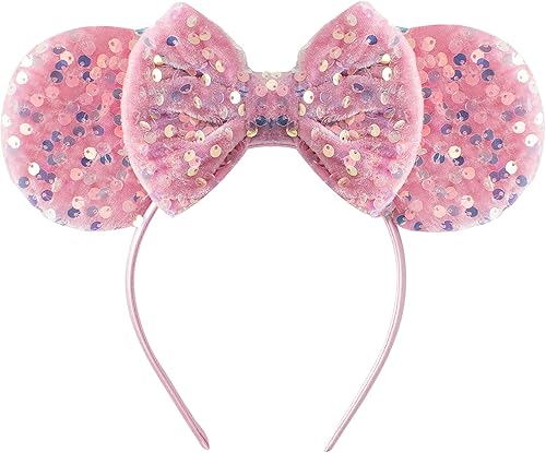 Miniatura 12 de KARETT Diadema con Orejas de Ratón de Lentejuelas con Lazo de Brillantina, Decoración de Fiesta de Princesa para Niñas y Mujeres