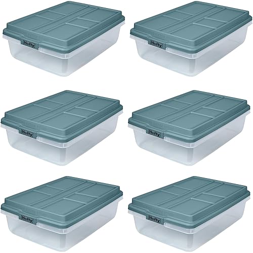 Hefty HI-RISE 40 Qt Stackable Storage Bins with Lids – 6 Pack Clear Plastic Under Bed Storage Containers, Shoe Organizer Boxes with XL Lid-Locking Latches, Comfort-Grip Handles, Durable Double Rim