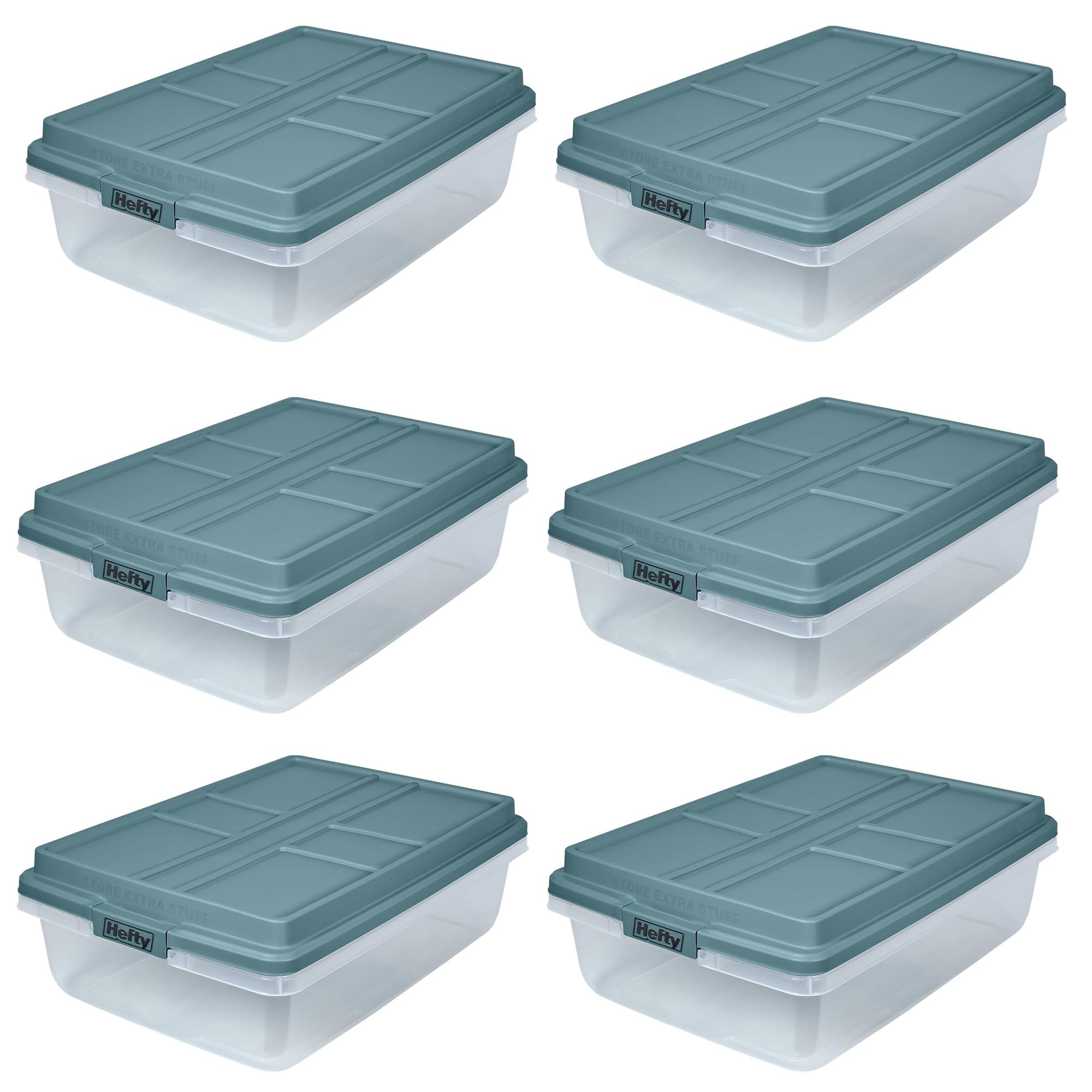 hefty hi-rise 40 qt stackable storage bins with lids – 6 pack clear plastic under bed storage containers, shoe organizer boxes with xl lid-locking latches, comfort-grip handles, durable double rim