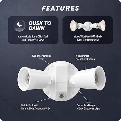 Miniatura 6 de Globe Electric Luz de inundación automática de 240 W de doble cabeza blanca cableada de seguridad del atardecer al amanecer, foco, para exteriores y