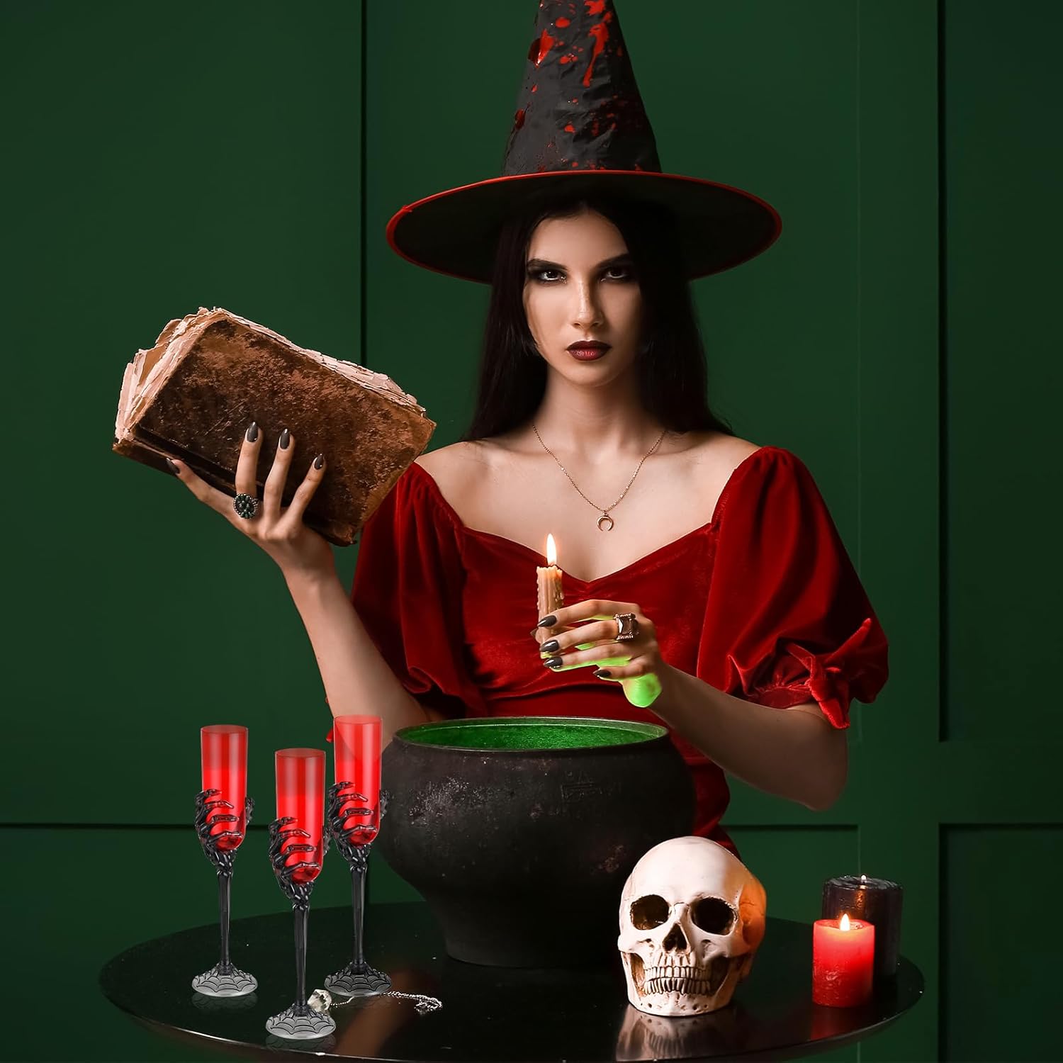 Dandat 24 Pcs 4.6 oz Halloween Goblets with Skeleton Hand Plastic Champagne Flutes Halloween Cups for Party Decoration Creepy Spooky (Black,Red)