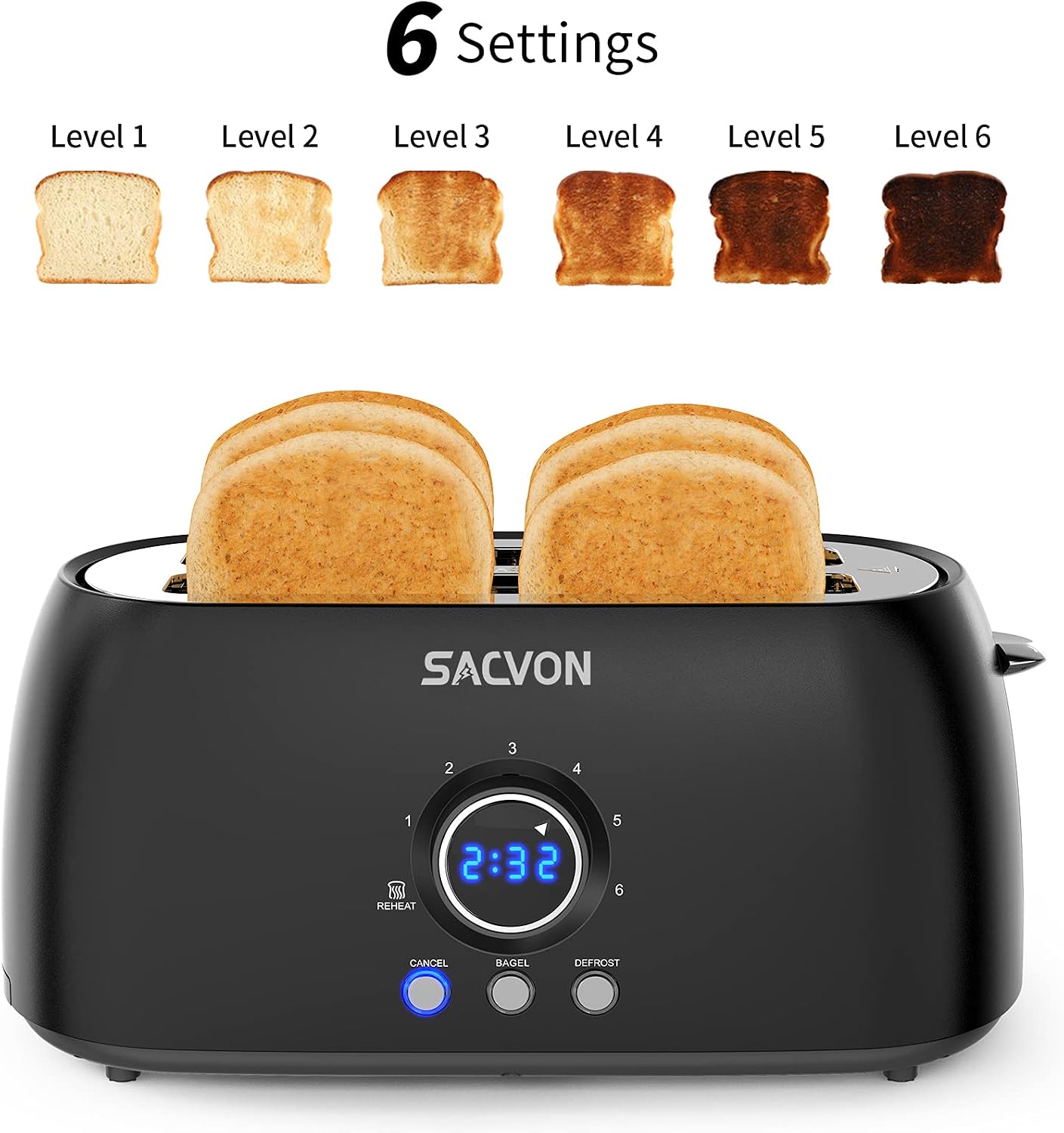Toaster 4 Slice, Toaster 2 Long Slot, SACVON Retro Black Toasters,Stainless Steel Toaster, Digital Timer,Bagel,Defrost,Reheat,Cancel Function,Removable Crumbs Tray, 6 Shade Settings, 1300W
