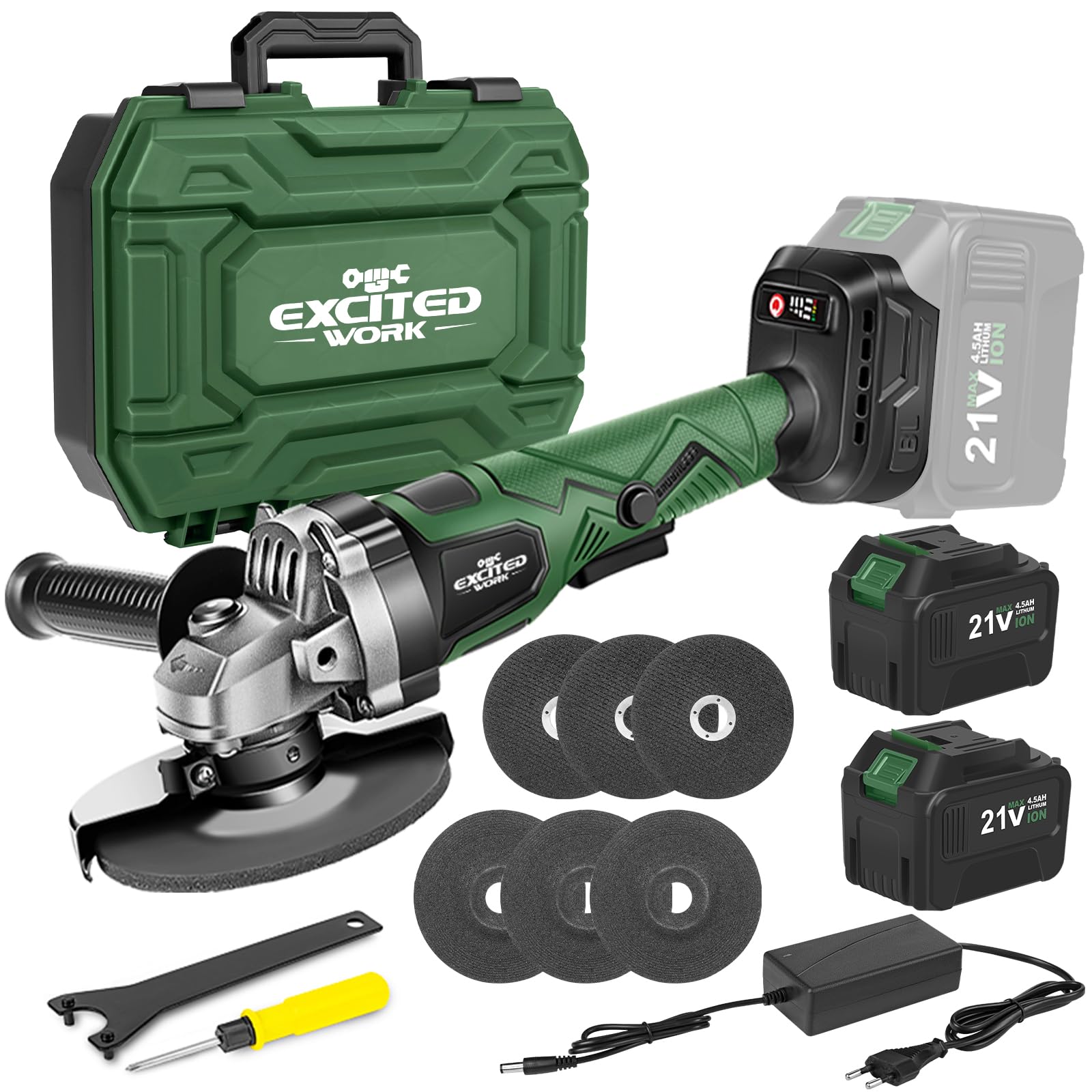 Cordless Angle Grinder, 20V 5 inch Electric Grinder Power Tools with 2 X 4.5Ah Battery, Adjustable Handle,Brushless Motor for Polishing, Grinding & Cutting