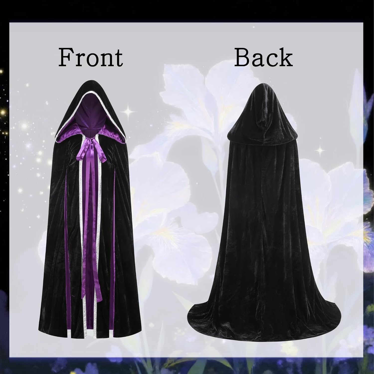 Colorful House Elegant Lace Trim Witch Cape for Halloween Costume Cloak in Black and Purple for Adult