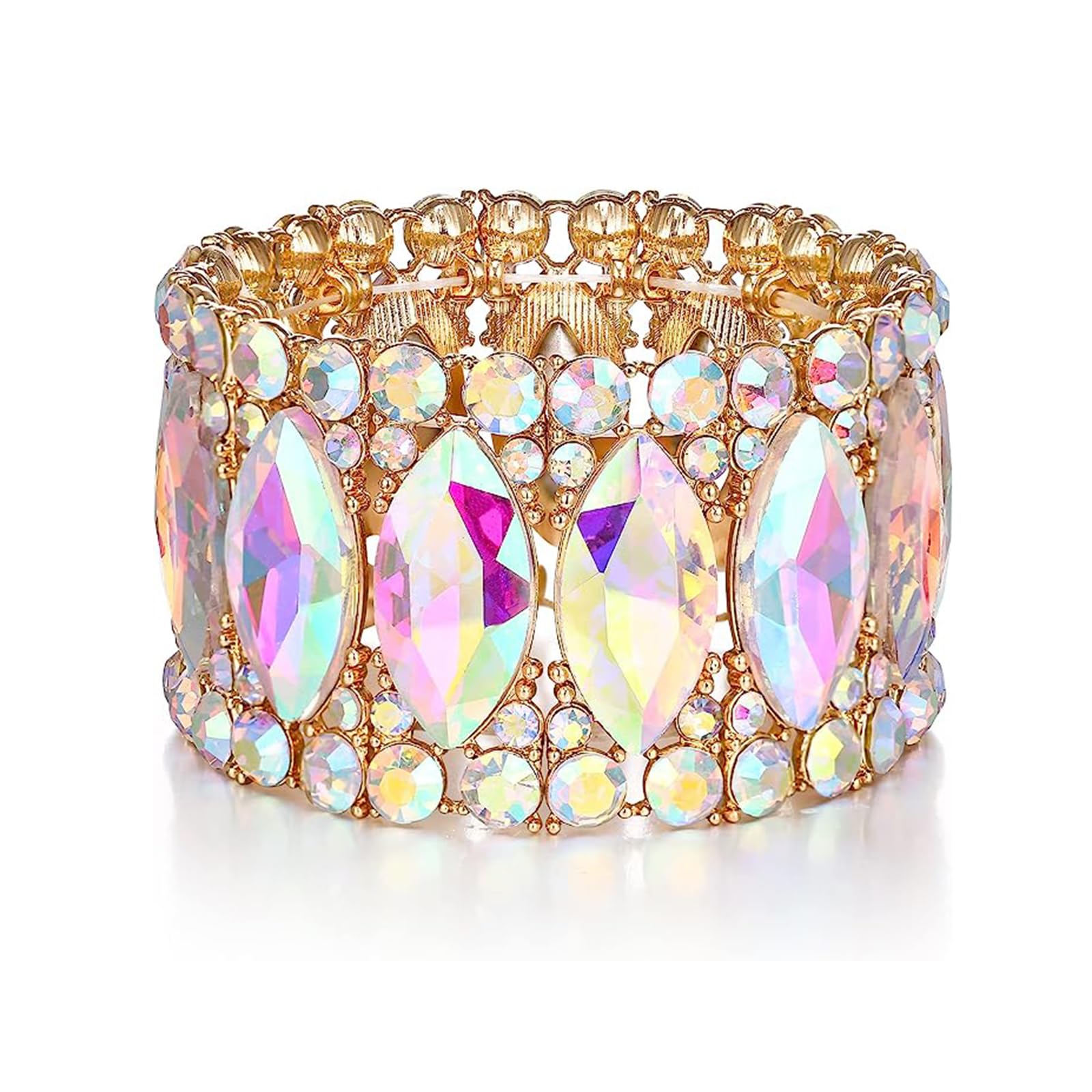 Women’s Elegant Wedding Bridal Crystal Double Row Marquise-Shape Leaf Stretch Bangle Bracelet Bride Jewelry for Women