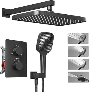 Thermostatic Shower System, 12" High-Pressure Rainfall Shower Head & 4-in-1 Handheld, Luxury Matte Black Shower Faucet Set with Brass Valve (Concealed Installation)
