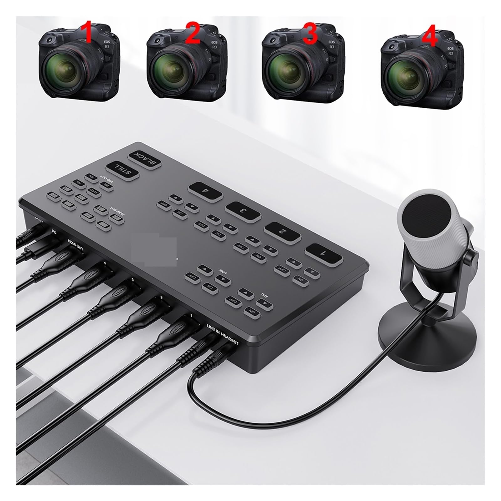 Karta przechwytująca miksera wideo Live Switch 4 do transmisji strumieniowej na żywo, wejście liniowe TRS 3,5 mm/zestaw słuchawkowy CTIA