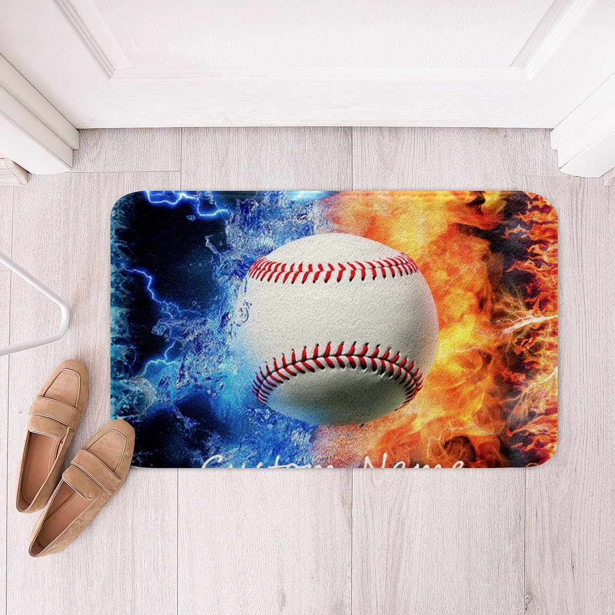 Erosebridal Baseball Doormat Boys Kids Personalized Customize Name Bath Mat Sports Theme Customized Bathroom Rugs Teens Girls Fire and Ice Sports Baseball Area Rug, Red Blue 16"x24"