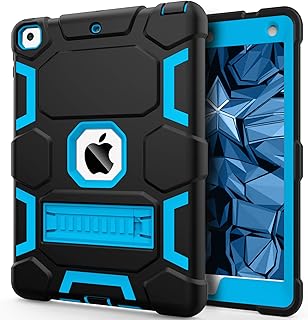 Case for iPad 6th/5th Generation (9.7-inch, 2018/2017), iPad Air 2nd Generation Case (2014) with Kickstand, Hybrid Shockproof Protective iPad 9.7 Case for Kids Boys, Black+Sky Blue