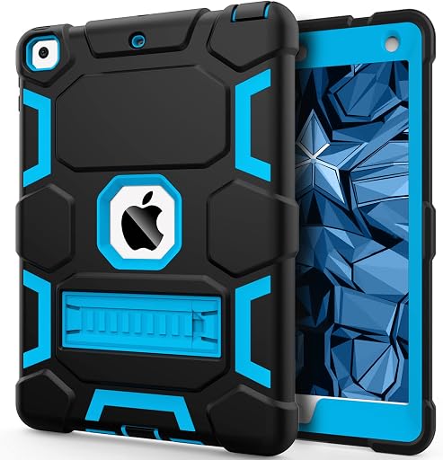 CCMAO Case for iPad 6th/5th Generation (9.7-inch, 2018/2017), iPad Air 2nd Generation Case (2014) with Kickstand, Hybrid Shockproof Protective iPad 9.7 Case, Black+Blue