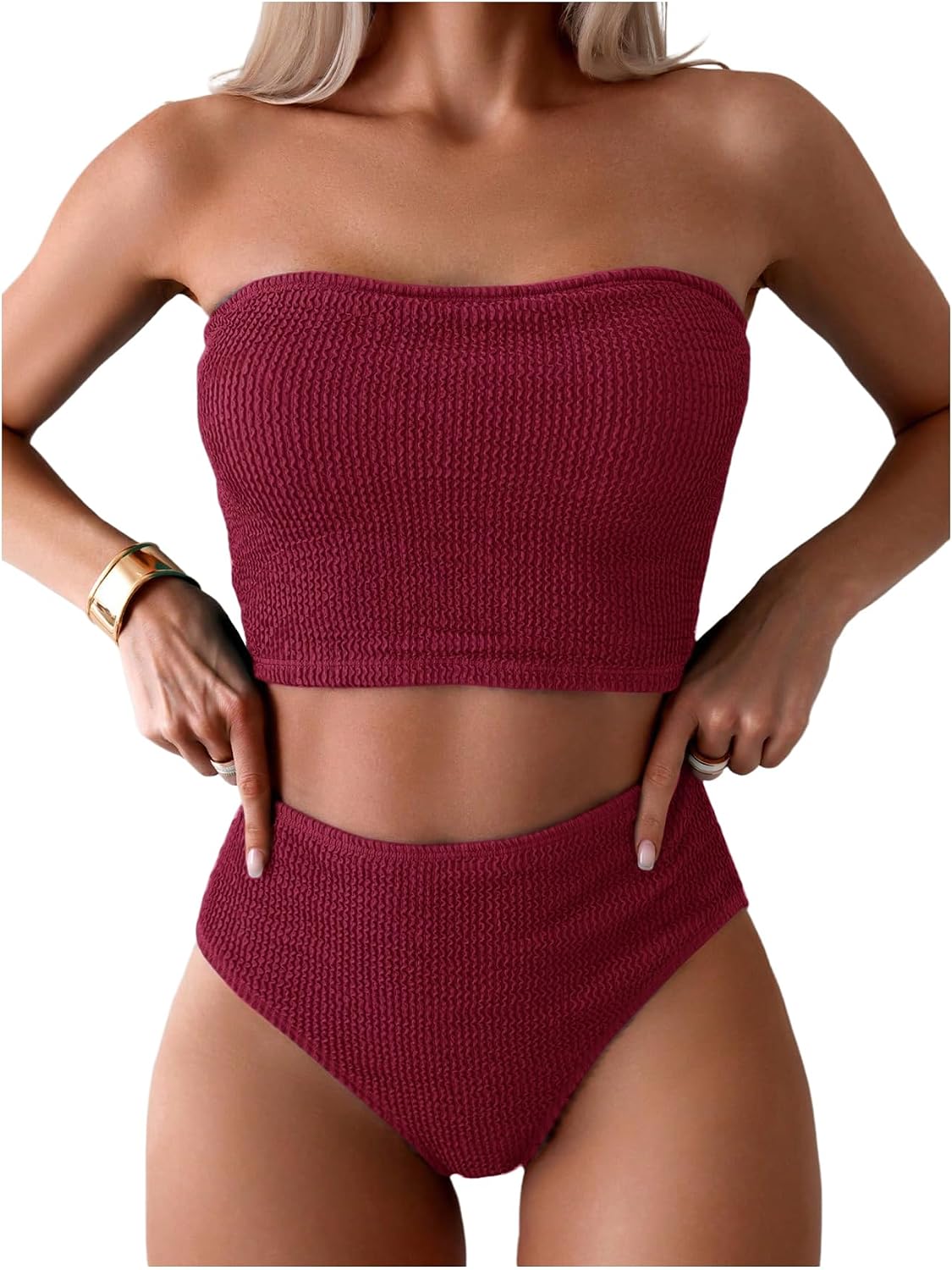 OYOANGLE Women's 2 Piece Strapless Swimsuit High Waisted Smocked Bandeau Bathing Suit