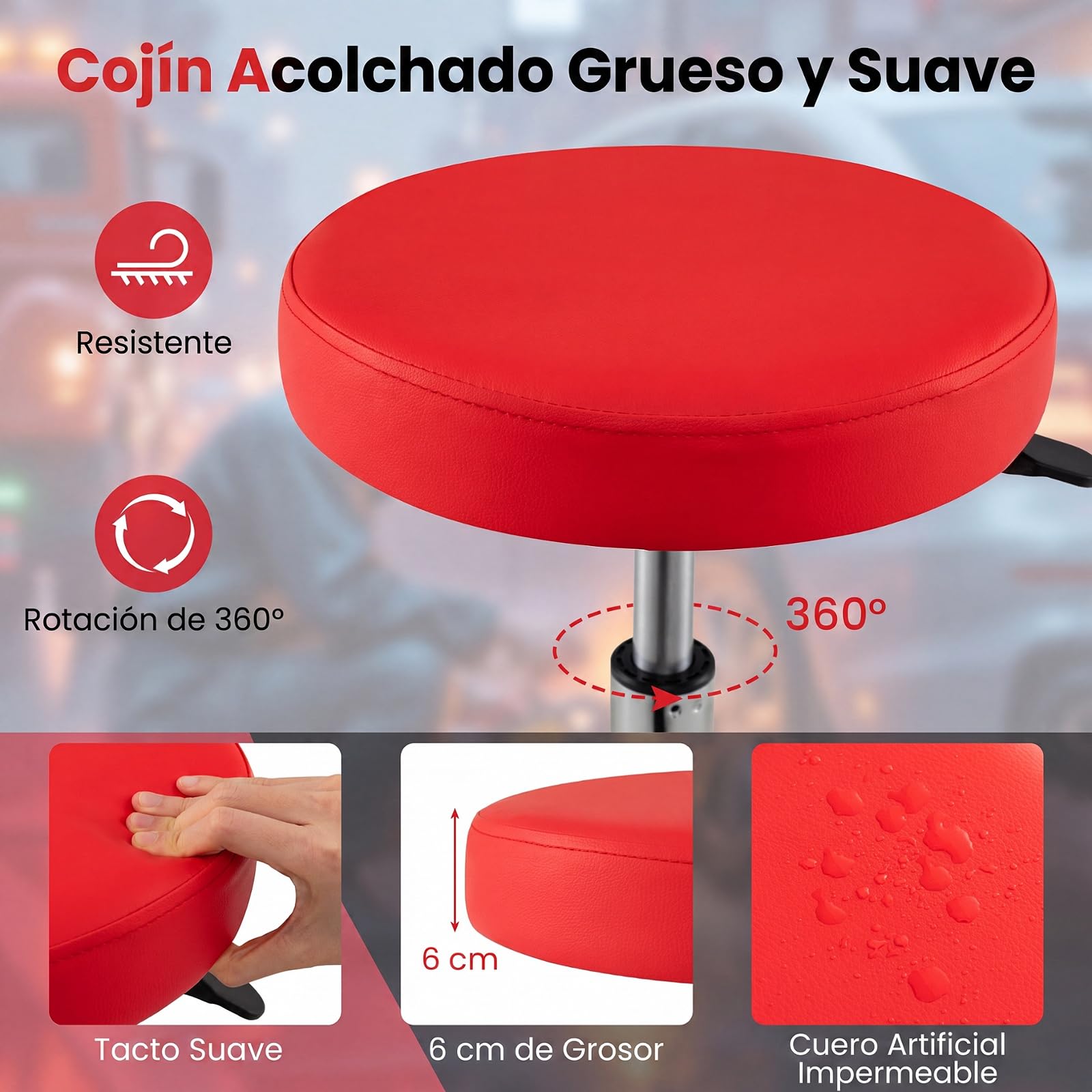 COSTWAY Taburete de Taller con 5 Ruedas, Taburete Mecánico Acolchado | con Altura Ajustable 45,5-60 cm, Bandeja para Herramientas, Asiento Giratorio para Garaje, Reparación de Automóviles