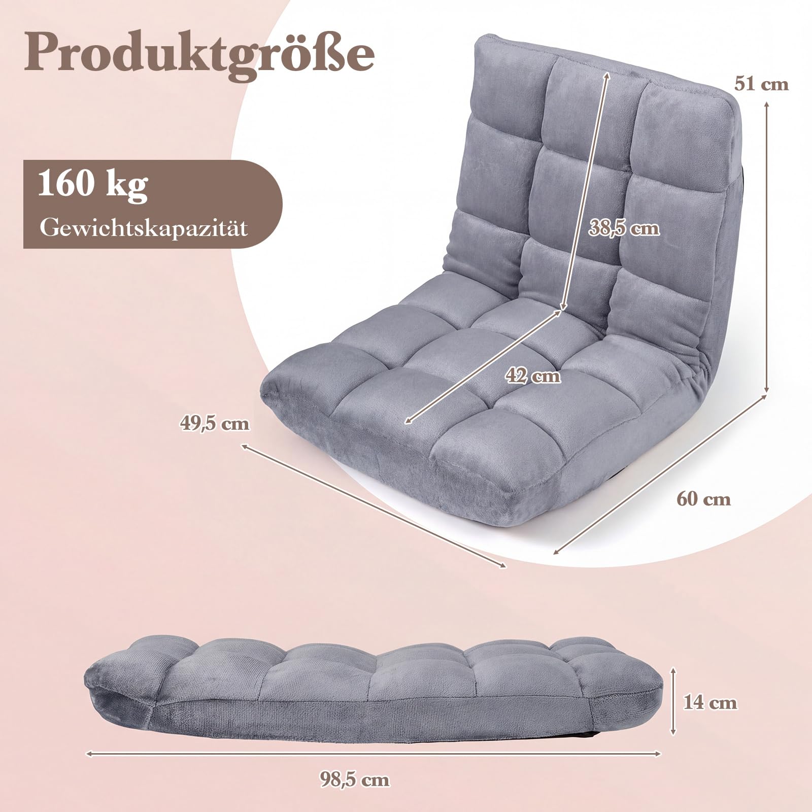 COSTWAY Bodenstuhl mit Verstellbarer Rückenlehne, Bodensessel gepolstert, Bodenkissen faltbar, Meditationsstuhl, Relaxsessel, Thaikissen für Freizeit, Meditation, Yoga (Grau)
