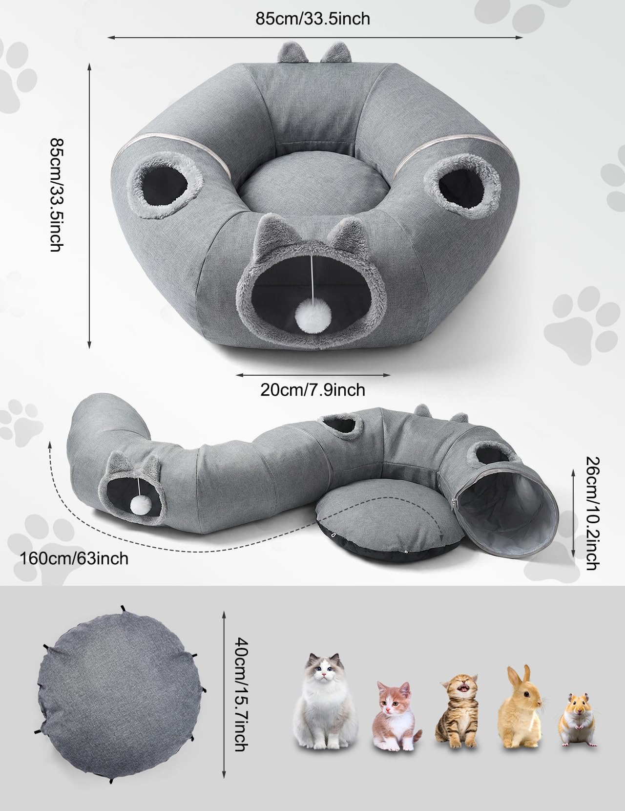 Cuccia per gatti, tunnel 3 in 1, rotonda | Lino traspirante, letto rimovibile, per l'estate, a forma di S, regolabile, per gatti e conigli