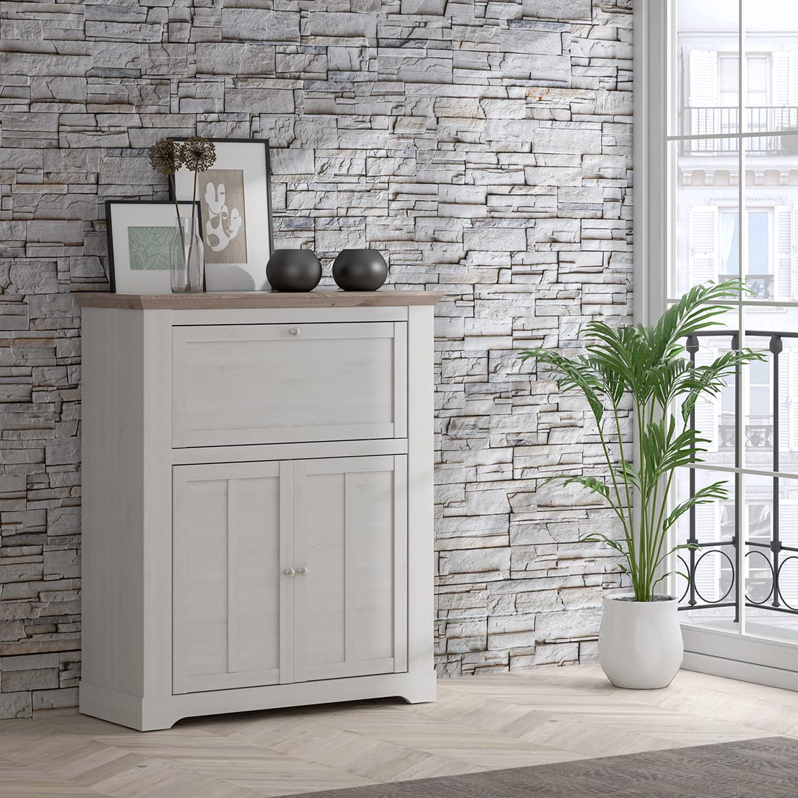 Mueble Bar 115 cm 1 tapa 2 puertas asas metal decoración roble claro blanqueado estilo clásico chic y campo - Ángele