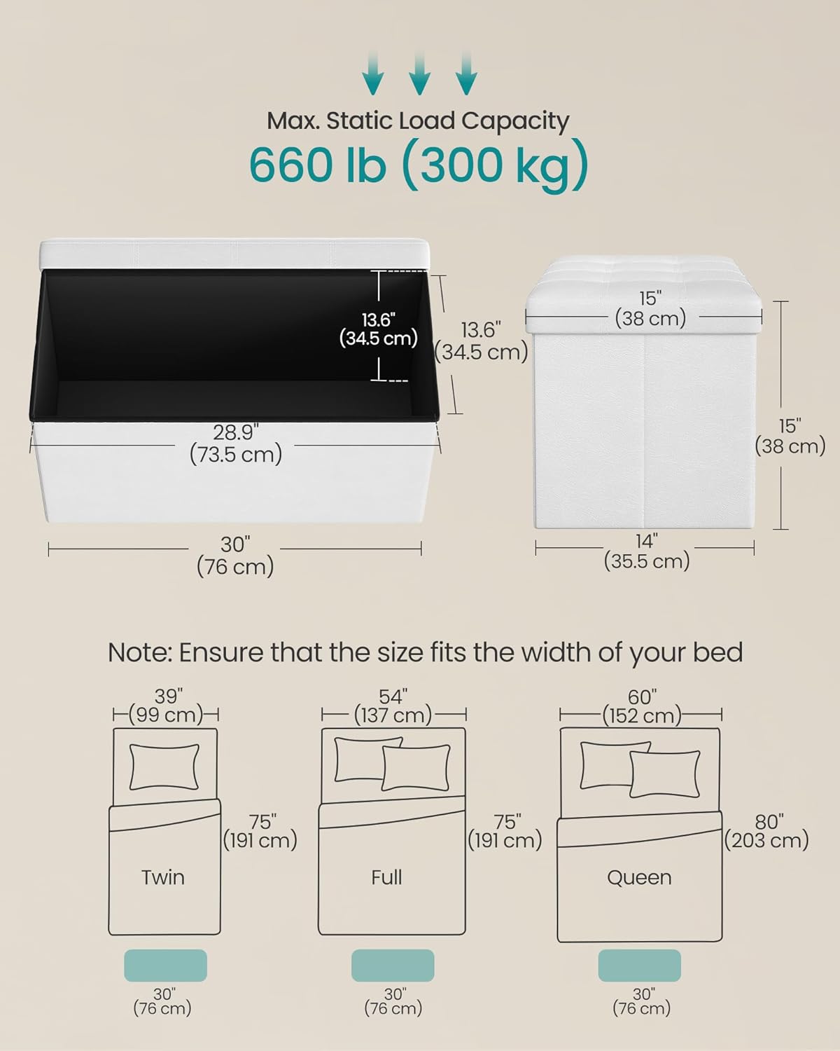 SONGMICS MAZIE Collection - 30 Inches Folding Storage Ottoman Bench, Ottoman with Storage, Foot Rest Stool, Load 660 lb, for Living Room, Synthetic Leather, White ULSF106 - Image 3