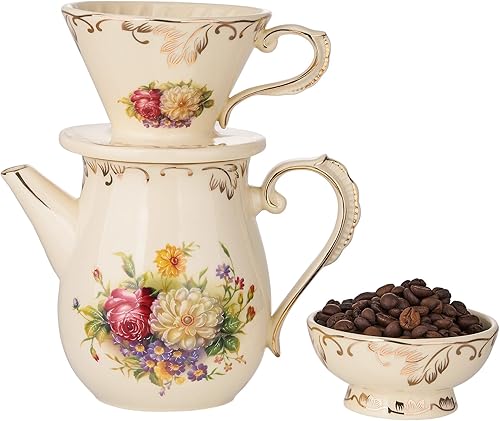 YOLIFE Floarl - Juego de gotero de café, cafetera de cerámica con diseño de cono, 1 taza, regalo para mujeres (arbustos florecientes)