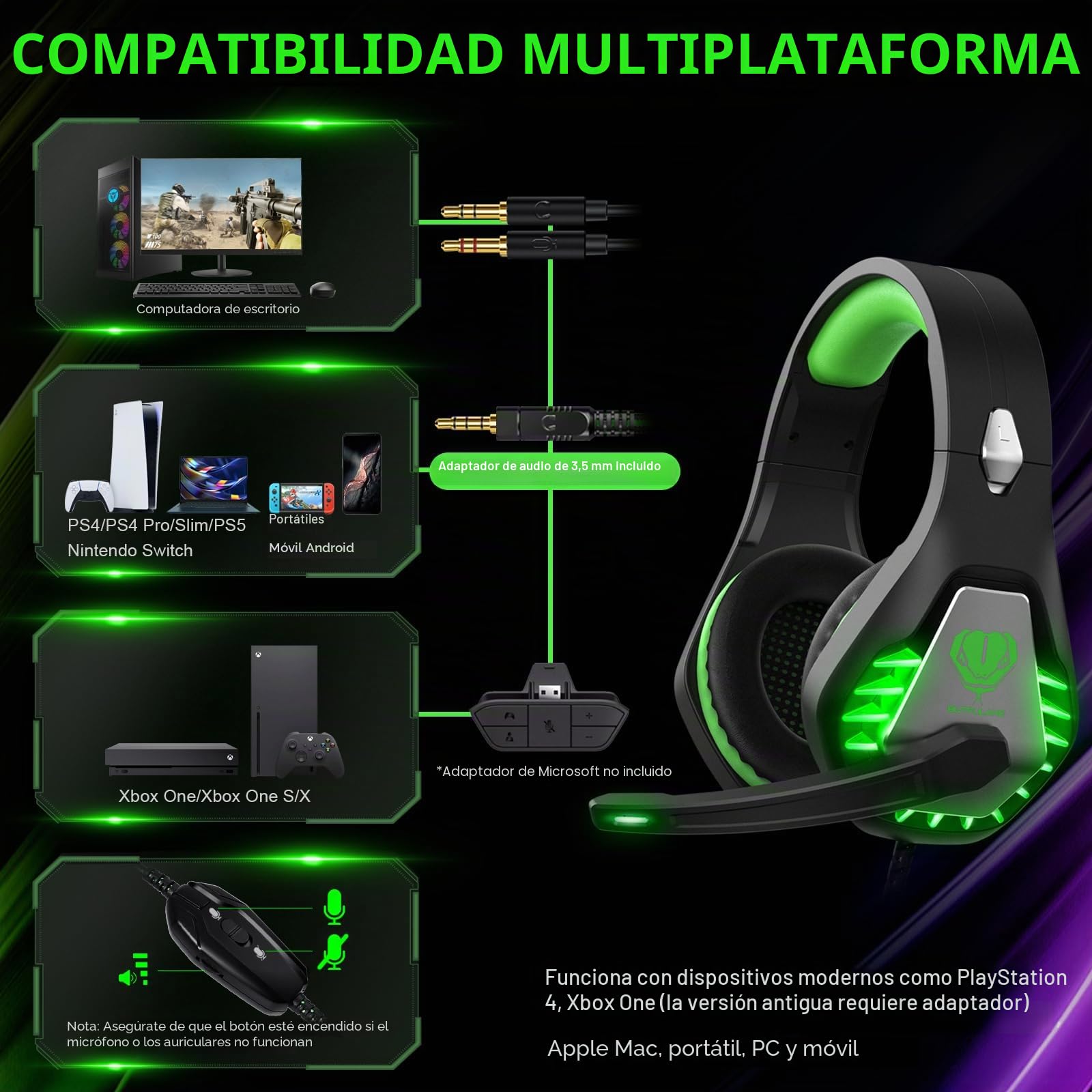 Pacrate Auriculares para Videojuegos 2023 - PS4 PS5 PC Xbox One, Xbox Series X - LED Clarity Sound con Micrófono de Cancelación de Ruido de 3,5 mm (Negro Verde)