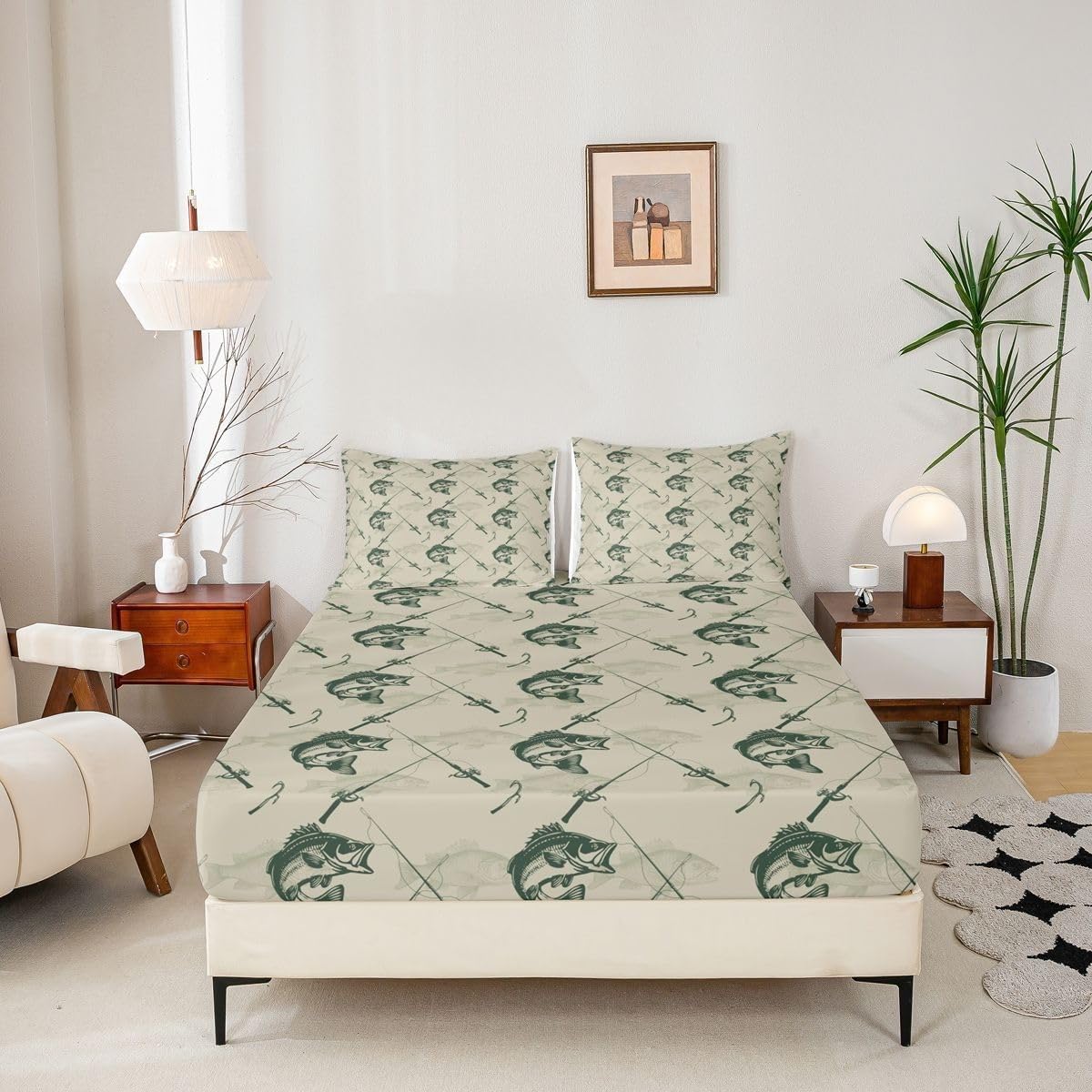 Fishing Fitted Sheet Marine Life Bed Sheets Deep Pocket 12 inch (30 cm) Soft Cozy 3 Piece Microfibre Bed Sheet 200x200 cm with 2 Pillowcases 50x75 cm