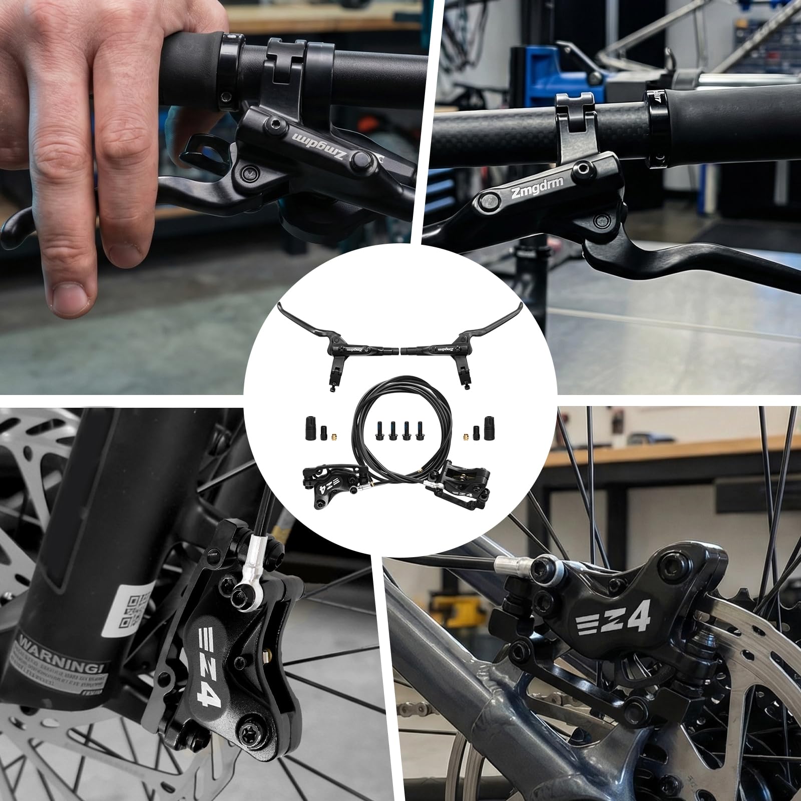 4-Kolben MTB Hydraulische Scheibenbremsen Set, Aluminium, für Mountainbike und eBike, Vorne 850mm und Hinten 1600mm, mit Montageadapter