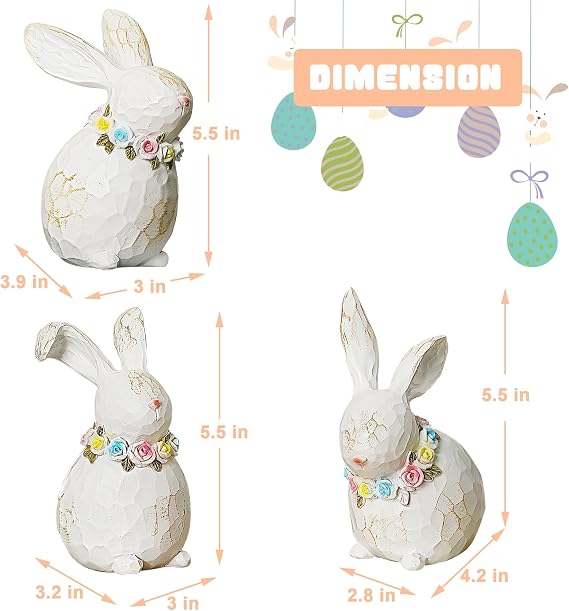 Lulu Home 3 Packs Easter Tabletop Ornaments, Resin White Bunnies Figurines with Floral Wreaths Around Necks, Standing Rabbit Statues for Spring Garden Home Mantel Indoor Outdoor Decorations