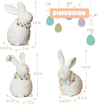 Lulu Home 3 Packs Easter Tabletop Ornaments, Resin White Bunnies Figurines with Floral Wreaths Around Necks, Standing Rabbit Statues for Spring Garden Home Mantel Indoor Outdoor Decorations