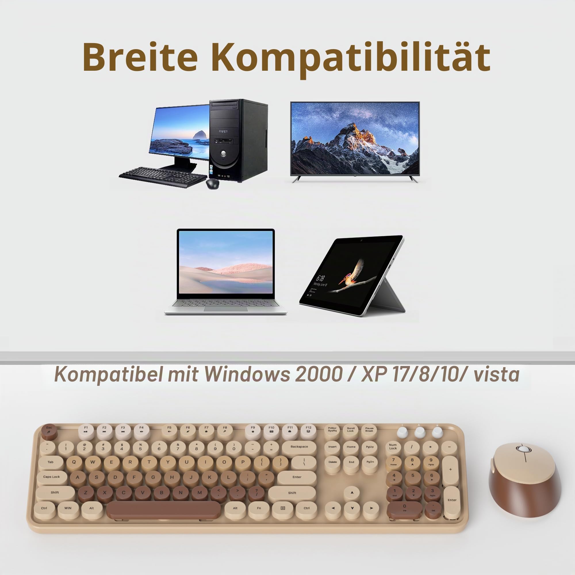 SOLIDEE kabellose Tastatur- und Maus-Kombination,Retro-Schreibmaschinen-Tastatur,2.4GHz runde Tastenkappe Tastatur mit Ziffernblock,104 Tasten ergonomische(Amerikanisch QWERTY)(Mixed Coffee)