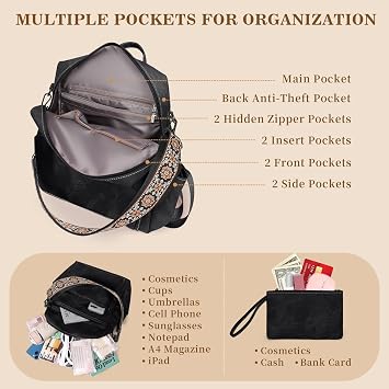 Backpack Purse for Women, PU Leather Backpack Purse, Waterproof Anti-Theft Women Back pack, Fashion Multi-Pocket Travel Backpack Shoulder Bag Handbag With Clutch, Black