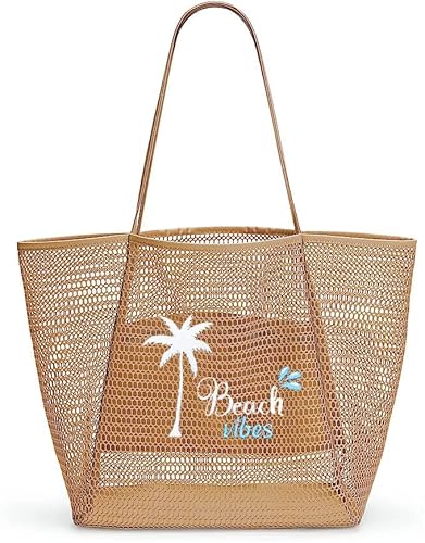 ukia Mesh Beach Tote, Large Capacity Beach Bags for Women Foldable Beach Tote Bag with Zipper Pocket (Khaki)