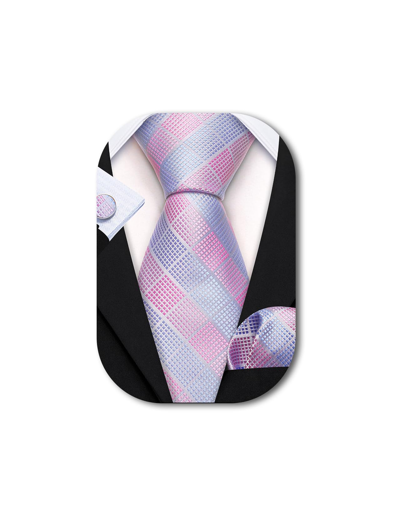 Barry Wang Men's Pink Blue Ties Plaid Check Necktie Cufflinks Handkerchief Formal Business Wedding