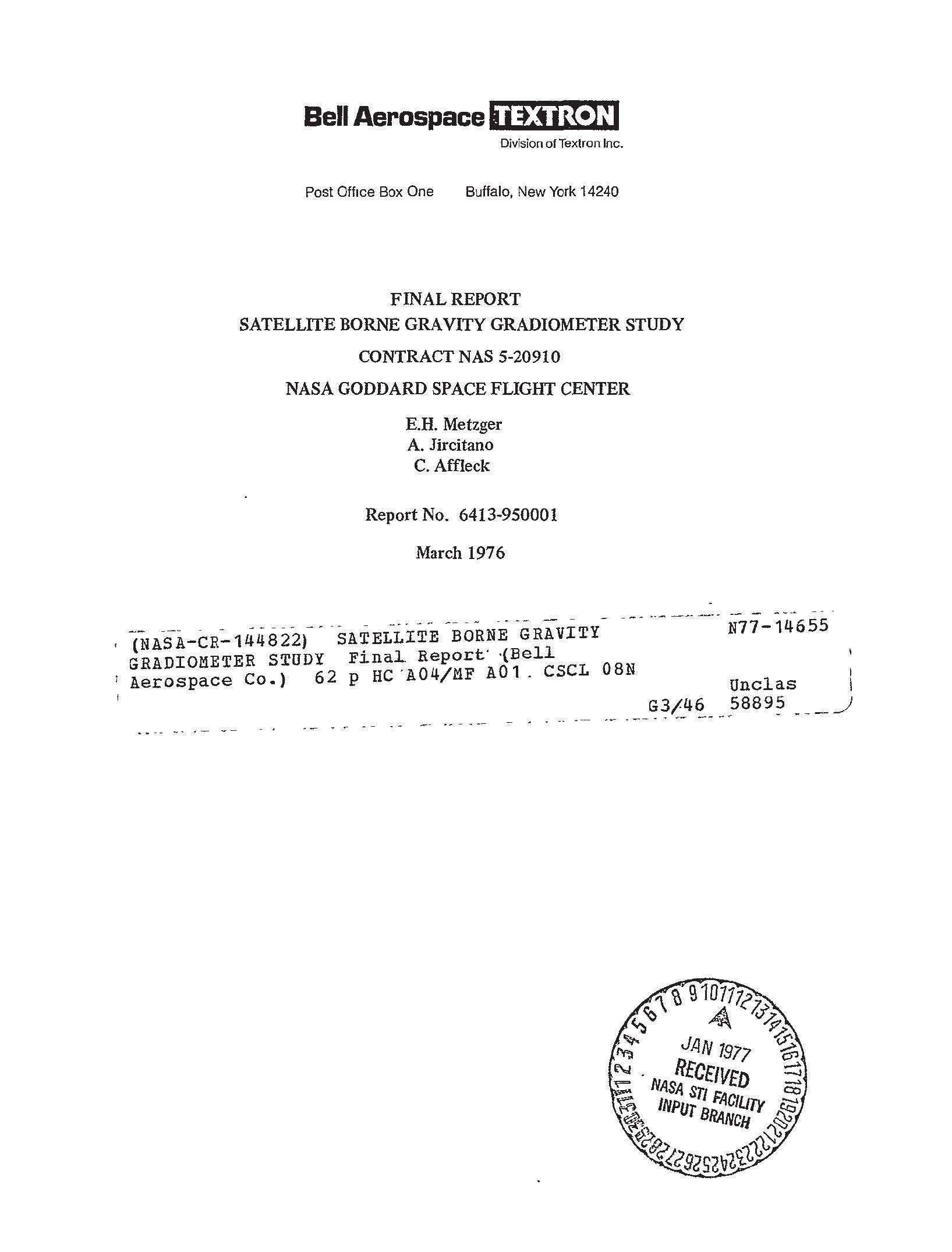 Satellite borne gravity gradiometer study