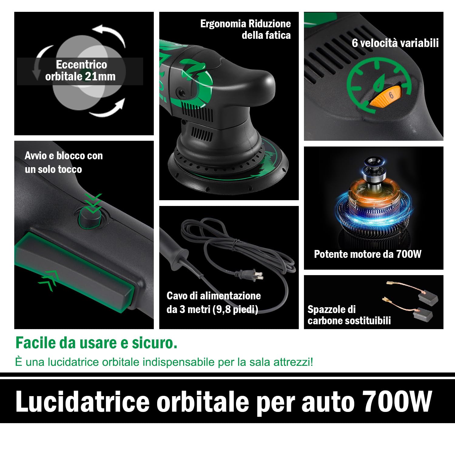 BATOCA 700W Lucidatrice Auto,Eccentrica Lucidatrice,21mm Orbitale Casuale,6 Velocità Variabili,150mm Tampone per lucidatura,Lucidatrice Elettrica,Velocità 1000-3800RPM,Accessori Ricchi
