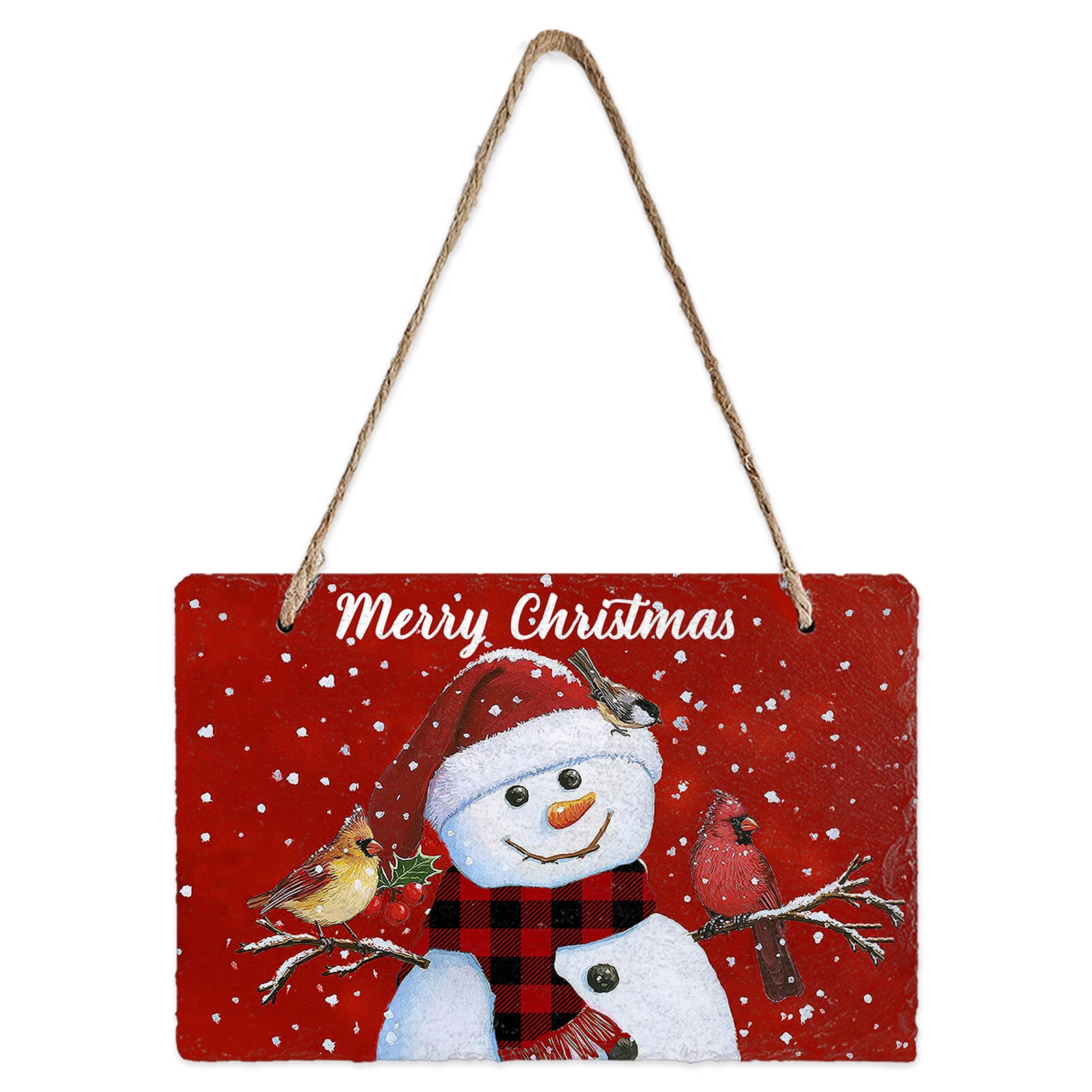 Comforance Snowman Decorative Chalkboards, 5x8inch Slate Plaques, Easy to Hang Stone Welcome Signs for Porch Yard Front Door Garden Decoration - Christmas Winter Snowman and Red Birds
