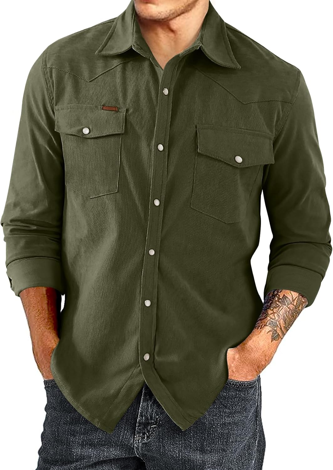 JMIERR Men’s Corduroy Shirts Casual Western Long Sleeve Button Down Shacket Jackets with 2 Flap Pocket