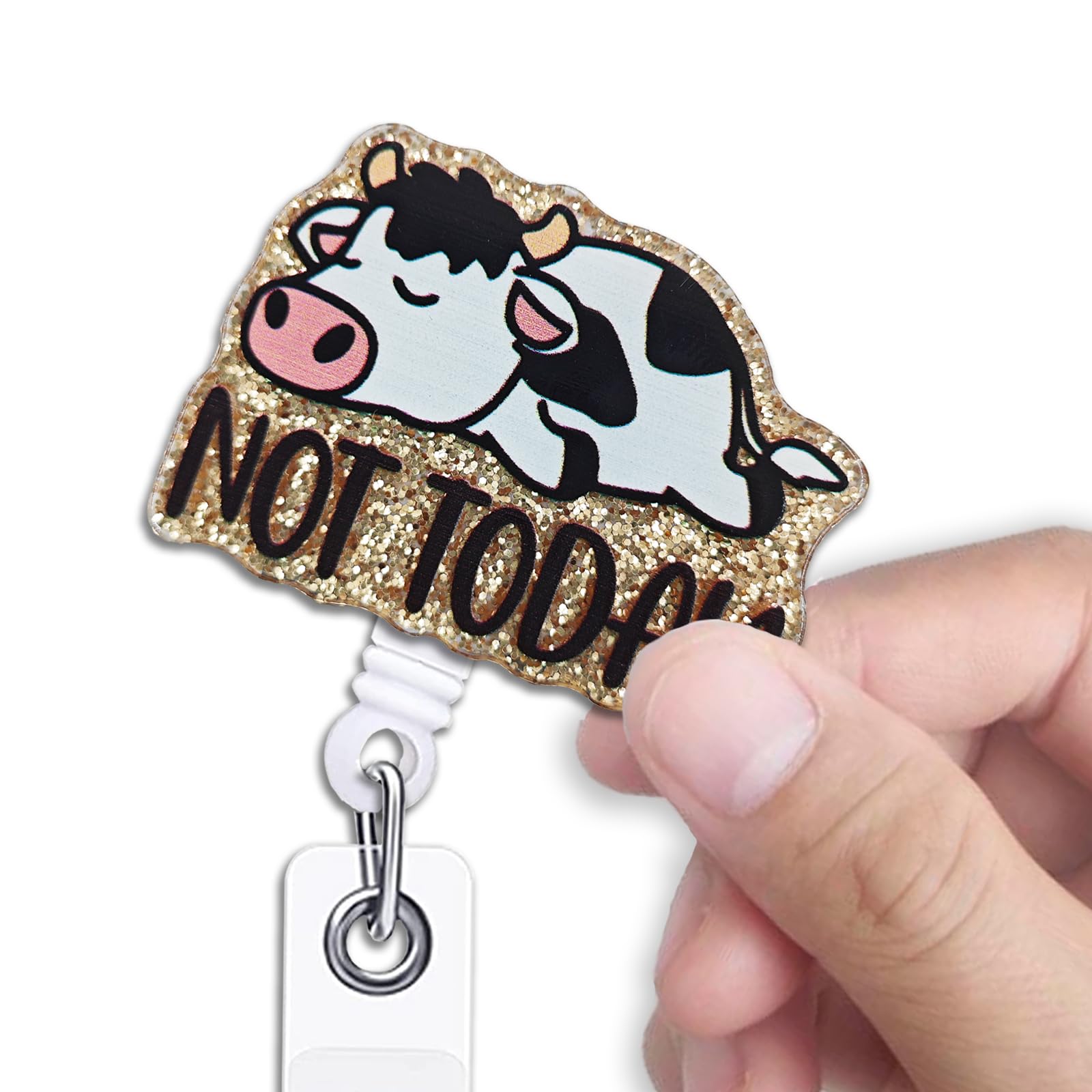 KANGYUSO Funny Cow Retractable Badge Reel, Not Today Light Gold Glitter Badge Reel with Alligator Clip, Office Acrylic Badge, Funny ID Badge Holder