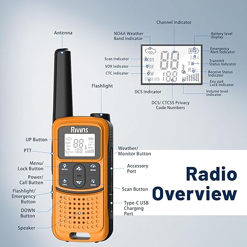 Miniatura 9 de Radios Walkie Talkies de largo alcance Rivins F22 Walkie Talkies recargables para adultos, NOAA, batería de 1400 mAh, cable USB-C, linterna, VOX,